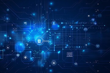 Abstract blue background with circuit board and icons