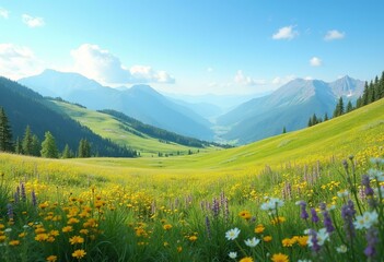 Fototapeta premium Vibrant Wildflower Meadow with Undulating Hills and Mountains