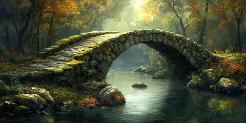 A mossy stone bridge arches over a tranquil river flowing through a lush autumn forest.