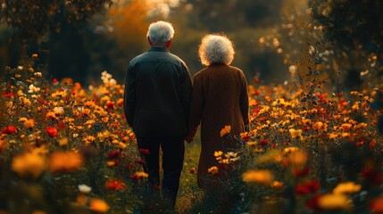 Elderly Couple Walking Together in a Serene Setting for Community and Relationship Themes