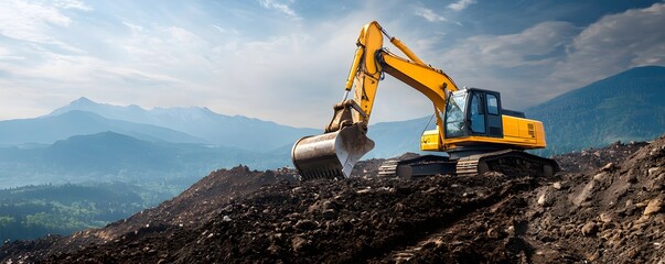 A yellow excavator operates on rugged terrain, lifting earth against a backdrop of mountains under a clear blue sky.