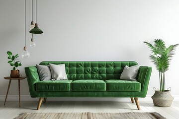 Interior with green sofa with white wall
