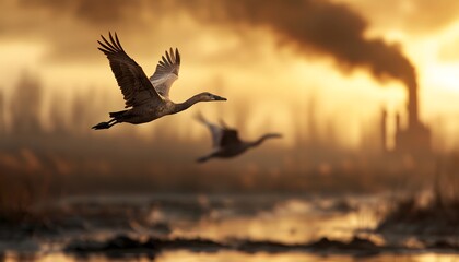 Two geese fly over a tranquil water body, framed by a hazy skyline with smoke, blending nature and industry at sunset.