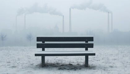 Obraz premium A solitary bench covered in snow stands in a foggy landscape, with factory smokestacks emitting white smoke in the background.