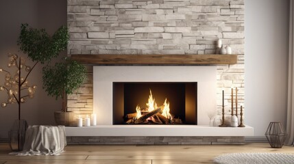 create a High Quality, fireplace modern, classic and stone style. beautiful lit fireplaces surrounded by modern tile ,on white background