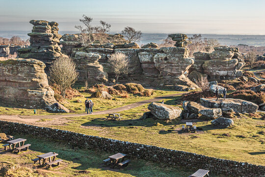 View across Brimham Rocks near Harrogate in North Yorkshire where millstone grit boulders dropped into place by the ice age have become a popular visitor attraction for tourists from around the world