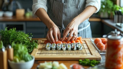 Woman Making Sushi Rolls with Salmon and Avocado