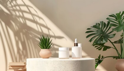 Cosmetic bottles on wooden table product presentation mokup design