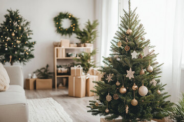 Beautifully decorated, elegant Christmas tree with white, gold ornaments in cozy living room, holiday decorations concept
