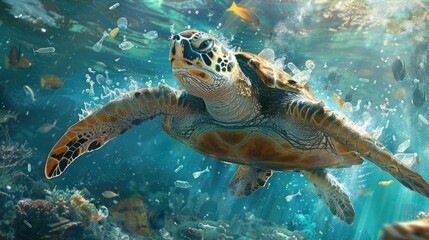 Obraz premium Majestic sea turtle gracefully swimming amidst the vibrant and colorful coral reef in a tropical underwater paradise This captivating image showcases the beauty and serenity of the marine ecosystem
