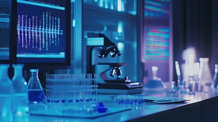 Fototapeta premium Genetic fingerprinting concept with DNA samples being analyzed in a lab, scientific tools in the background.