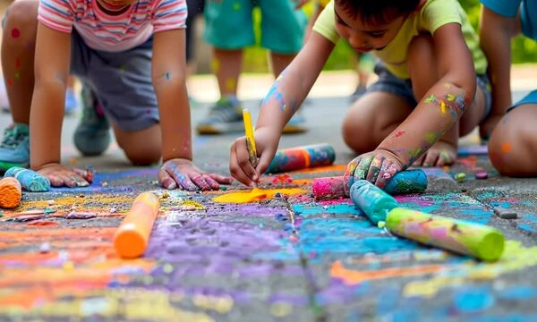 A group of children playing with chalk on the ground 4K Video