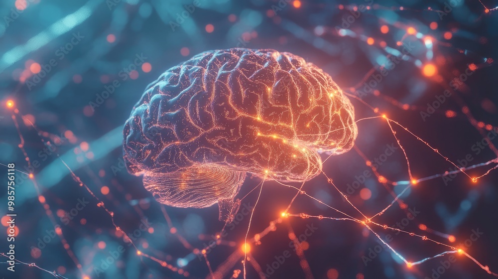 Poster human brain with neural connections lighting up, demonstrating synapses and neurological functions i
