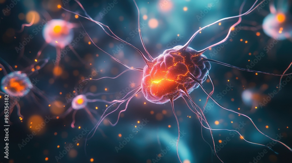 Poster human brain with neural connections lighting up, demonstrating synapses and neurological functions i