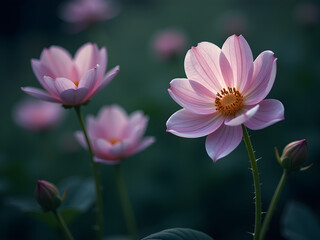 Fototapeta premium Stunning Close-Up of Serene Pink Lotus Flowers with Delicate Petals and Vibrant Golden Stamens on Slender Green Stems, Surrounded by Lush Green Foliage Against Dark Blurred Background for Enhanced