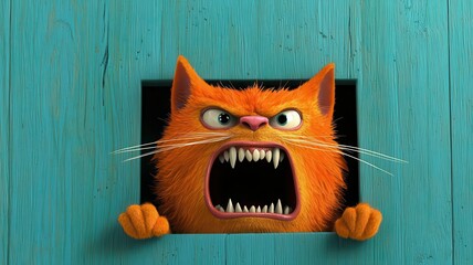 An angry orange cat with bared teeth peeks through a small hole in a bright blue wall.