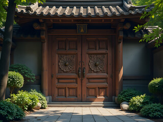 Fototapeta premium Intricately Designed Wooden Doors with Ornate Floral Carvings at Traditional Architectural Entrance Surrounded by Lush Greenery and Neatly Trimmed Bushes, Highlighting Craftsmanship and Cultural