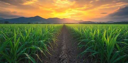 A path through a field of green grass leads towards a golden sunset behind a mountain range.