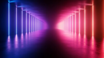 Futuristic corridor with neon lights, dark background