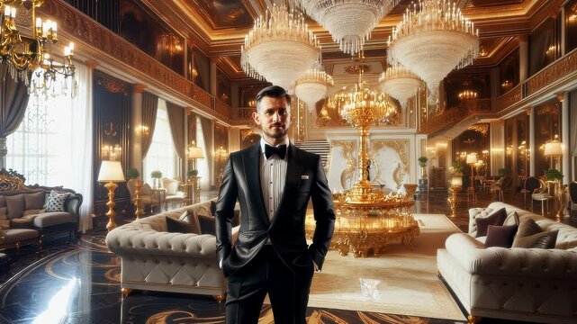 Real estate millionaire standing inside a grand ballroom of his mansion, with crystal chandeliers, gold accents, and plush velvet seating, dressed in designer formal wear