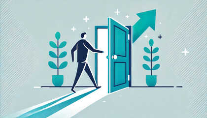 Businessman walking through an open door representing opportunity and business growth