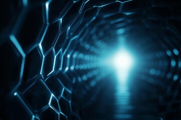 Obraz premium Futuristic hexagonal tunnel with glowing light.