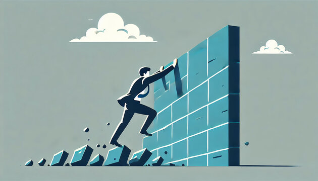 Businessman climbing over a wall representing overcoming obstacles in business