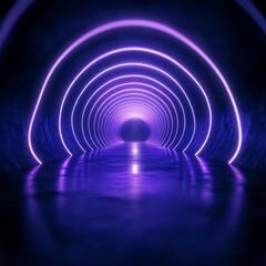Obraz premium Futuristic tunnel with glowing purple lights, perspective view.