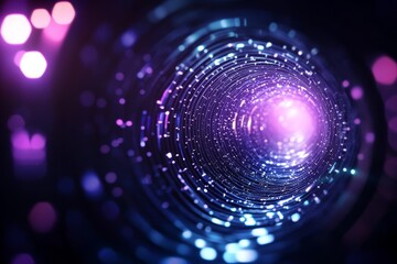 Obraz premium Swirling digital tunnel with glowing lights in a futuristic abstract background.