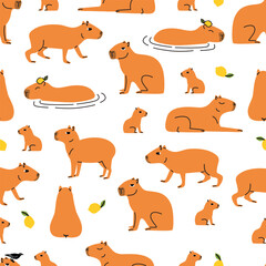 Obraz premium Capybaras seamless pattern. Cute capybaras walk and relax and swim. Animals on white background wallpaper.