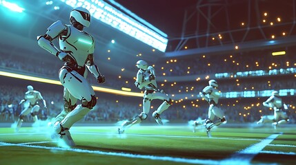 Futuristic sports robots competing in a high-tech virtual sports stadium, showing dynamic action with glowing lights and animated crowd cheering from the stands 