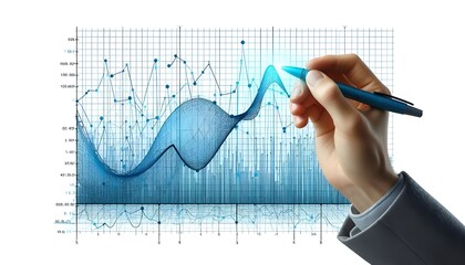 Hand drawing a blue graph curve on a transparent grid, concept of analysis, isolated on white background