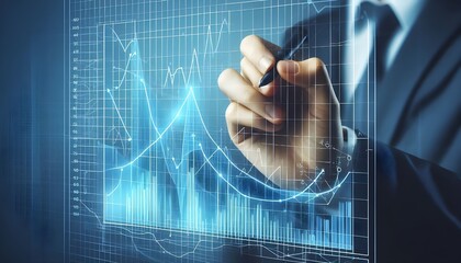 Hand drawing a blue graph curve on a transparent grid, concept of analysis, isolated on white background