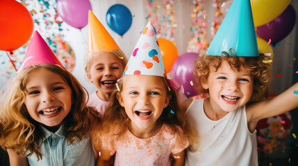 cheerful smiling children at kids party, birthday, balloons, bright outfits, childhood atmosphere, boy, girl, happy child, kid, joy, celebration, festive background, friends, group, teenagers