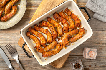 Baked chicken necks in a culinary ceramic baking dish on a serving board on a gray wooden table top view