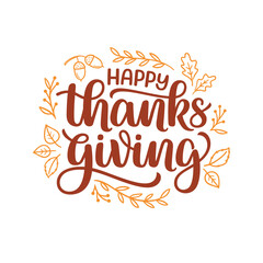 Happy Thanksgiving hand lettering composition with autumn leaves and berries
