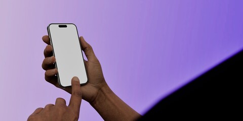 Asian male using smartphone with a blank white screen. Gradient, lavender, violet apps mockup. Vertical phone orientation