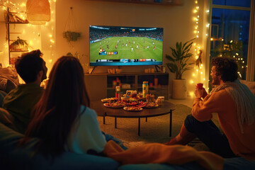 Friends enjoying snacks and watching a football match on TV in a warmly lit room.