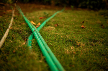 water hose flowing through the grass