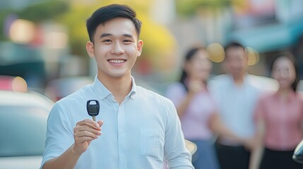Happy Asian Man Holding Car Keys In Front of Blurred City Background