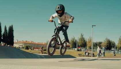 Fototapeta premium A kid performs high-speed BMX stunts in an urban skate park,