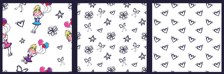 Seamless pattern with a cute cartoon girl holding colorful balloons, surrounded by hearts, stars, and flowers, bows. Fun playful design, perfect for kids clothing, accessories, birthday party decor