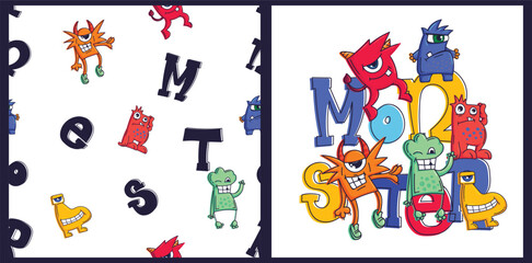 Cartoon monsters pattern and poster for kid, textile. Colorful children print with monsters Character smiling.