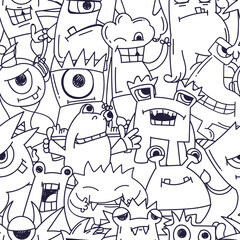 cartoon monsters Character seamless pattern.  Linear ornament with dude monsters. Monochrome print for kid textile, Halloween wrapping paper. © Kseniia Koval