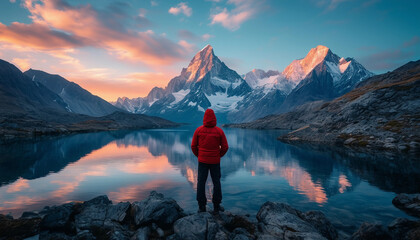 A lone adventurer standing in front of a breathtaking mountain range at sunrise