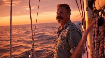 Man Reflecting on Sailboat at Sunset with Prominent Movember Mustache, Calm Sea for Adventure and Reflection