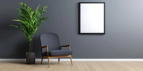 A minimalist living room interior with a gray wall, wooden floor, a single armchair, a plant, and a framed mockup poster.