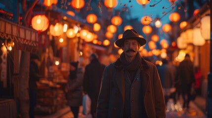 Obraz premium Man with Stylish Movember Mustache Walking Through Historic Market Square at Dusk Under Lantern Glow