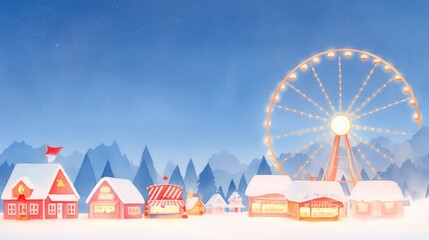 Christmas night carnival, candy Ferris wheels glowing under starry sky, festive atmosphere, Watercolor backdrop