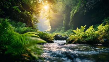 Fototapeta premium A serene forest canyon bathed in sunlight, with large ferns and lush greenery along the riverbank